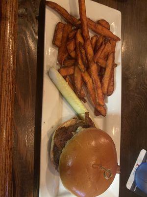 Burger- bacon and blue- and sweet potato fries