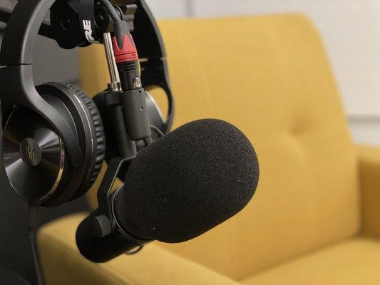 Professional studio recording microphones and headphones. Features multiple Shure SM7B Vocal Dynamic Microphones.