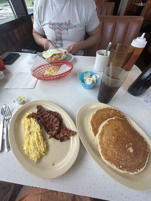 Pancakes, eggs bacon