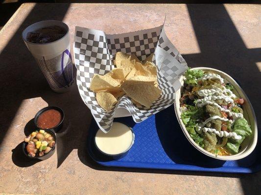 Burrito Bowl, small cheese dip and salsa from salsa bar.