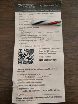 It took longer for him to fill out this slip and leave it in my mailb than it would've been had he just delivered it like he's supposed to.