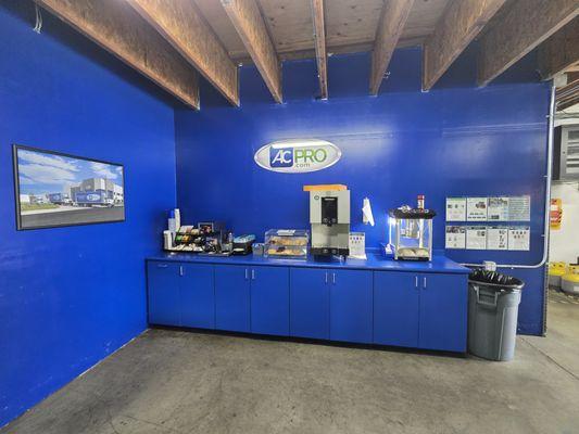 Enjoy fresh coffee, doughnuts, popcorn and snacks.