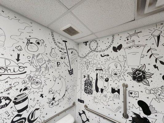 Bathroom art, handicap rails.