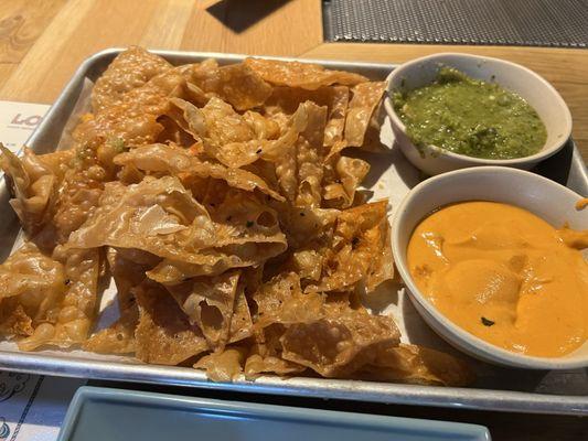 Chips/dips- green salsa was amazing, the peanut dip was good , definitely different. Would get again
