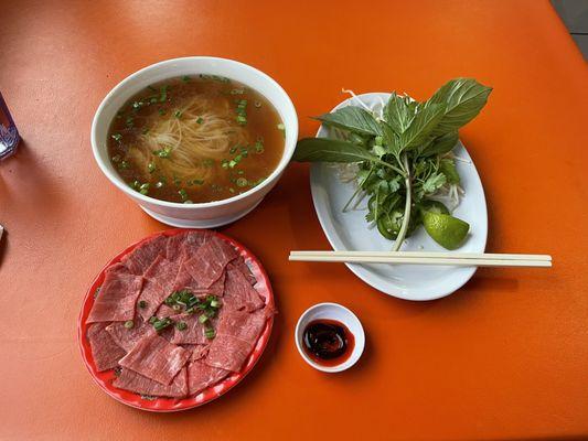 P2. Sliced Beef Pho (regular bowl, no white onions), with a ton of large fresh herbs and crunchy bean sprouts.