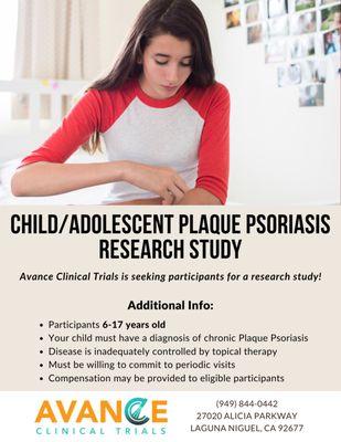 We are enrolling adolescent subjects with plaque psoriasis! If your child or someone you know may have plaque psoriasis contact us today!