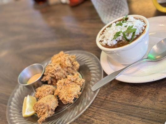 Fried oysters & red beans & rice.