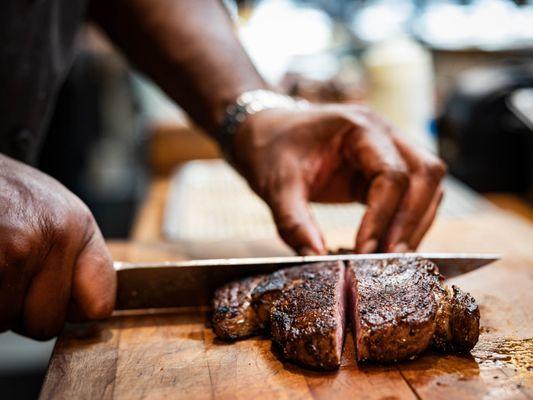 Steak being prepared at Goodnight's Prime Steak + Spirits Restaurant in Healdsburg, California