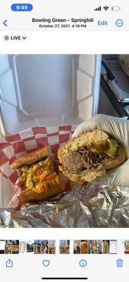 Chicago Italian Beef /sausage combo with cheese and Gardiniera peppers dipped