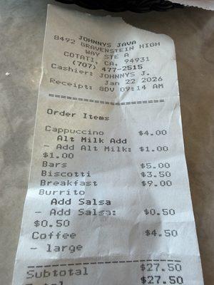 $27.50 I tipped $2.00 in cash Boy money goes fast here in California