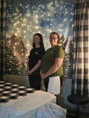 Our owner, Kyli, green shirt, and one of our massage therapists, Lily!