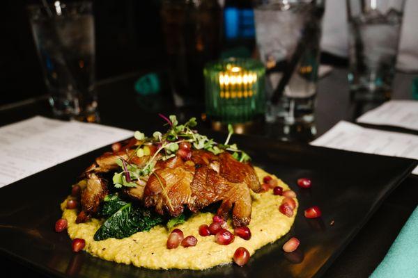 Oyster Mushroom, on a bed of pea cauliflower puree and pomegranate pearls