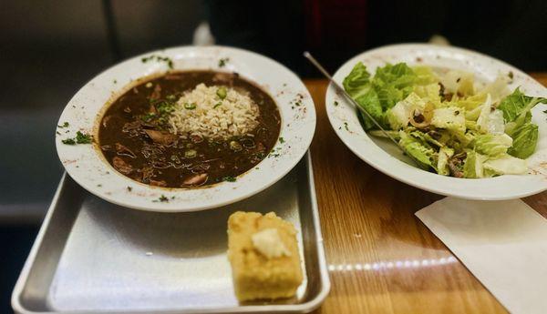 Gumbo and salad (the salad came out full leaf and was beautiful before she cut it up!)