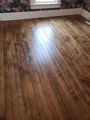 100 year old maple floor. Refinished with provincial stain.