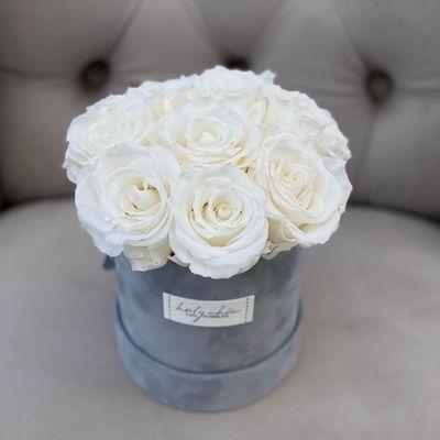 Haute Couture Bebe Light Grey Suede Box with White Parisienne Lace Roses