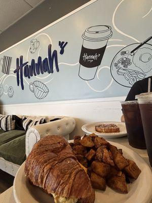 Build your own sandwich -- sausage, egg, cheese on croissant.