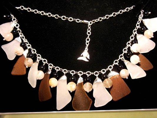 sea glass necklace in silver with rutilated quartz beads