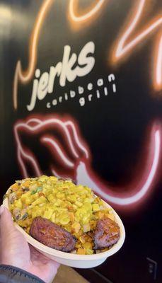 Create-A-Bowl: Braised beef oxtails bowl, Rice & Peas, Sauted Vegetable Medley, mango salsa, Fried Sweet Plantains