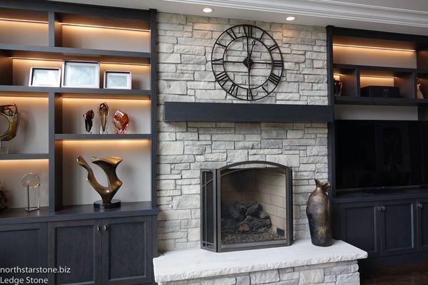 Ledge stone veneer fireplace
