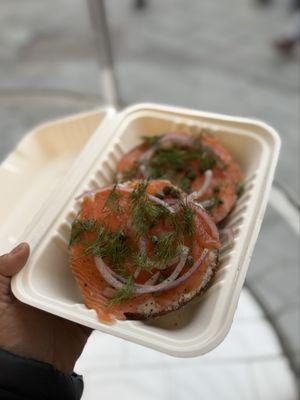 Everything bagel with smoked salmon, cream cheese, capers, red onion and dill