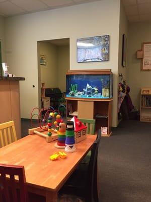Waiting area. Lots of toys and the room on the left is the "contagious room" so that really sick kids are separated.