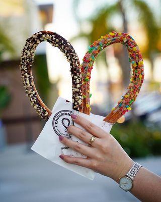 Chocolate & almonds churro and matcha & pebbles churro