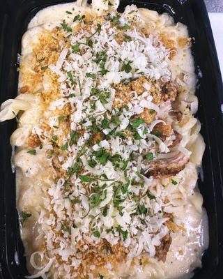 Chicken Alfredo with garlic and herb breadcrumbs