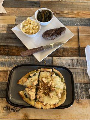 Steak, Mac and cheese, greens and Pesto Chicken Flatbread