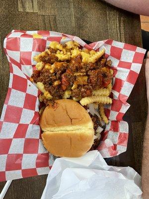 Chili cheese fries with chili cheese burger