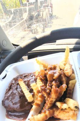 8/23/23 chopped hamburger brown gravy french fries brown gravy yummers