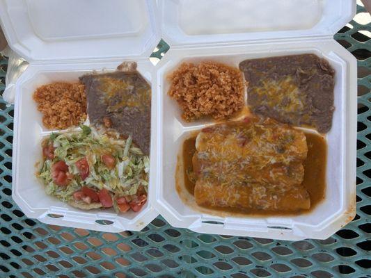 Navajo taco and enchiladas that we asked for green sauce