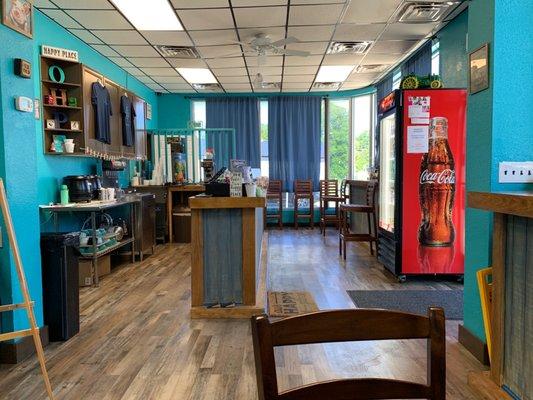 Register desk from seating area