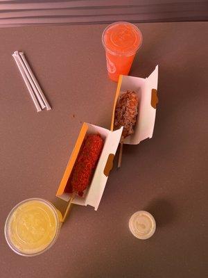 Sweet potato & Hot Cheeto kong dog with a strawberry and mango lemonade