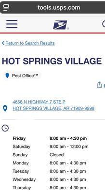 information and hours of operation for the Hot Springs Village post office