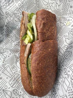 Boars Head Turkey and Swiss deli made sandwich.