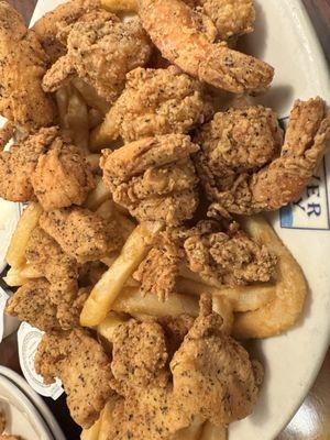 Jumbo shrimp, calabash chicken, catfish all seasoned with salt and pepper along with crispy fries!