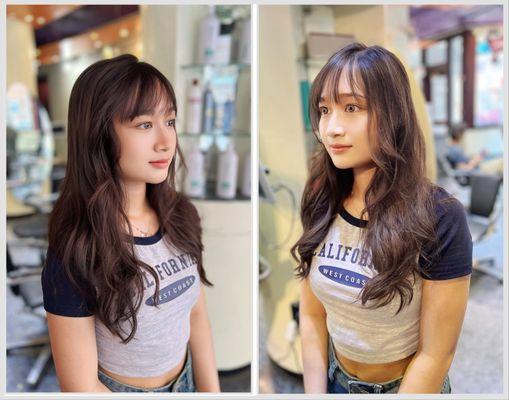 Women's long hair layered haircut with Face framing by stylistZhen