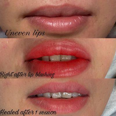 Lip blushing (covering the old uneven lip tattoo)