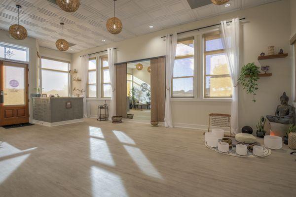 Zen boutique style studio raising vibes through Yoga, Chair yoga, Mat pilates, Sound Healing, Meditation, and Crystal Creations. 