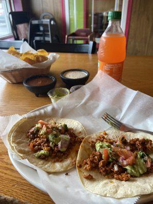 Chorizo tacos, chips and salsa.
