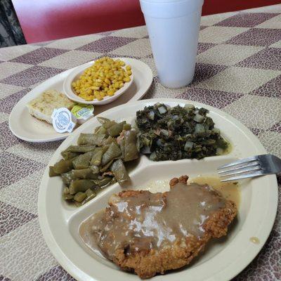 Country steak, 3 sides and corn bread. Really good and only $9.99.