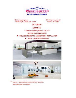 October quartz specials!
$45 per sq ft installed!