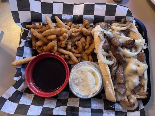 Smothered Prime Rib Sandwich and Clam Strips