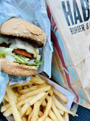 Teriyaki char burger with cheese, fries, and a root beer (not shown).