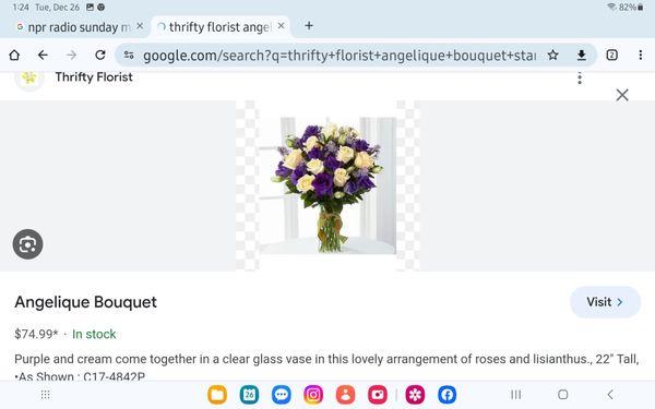 Another pic of what's advertised. Compare height, (advertised 22"- nope) number of blooms, lack of ribbon. Terrible.
