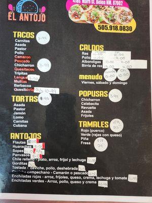 Tacos, torts,Burritos, menudo,caldos, Enchiladas,Pupusas,tamales,Huaraches,gorditas,