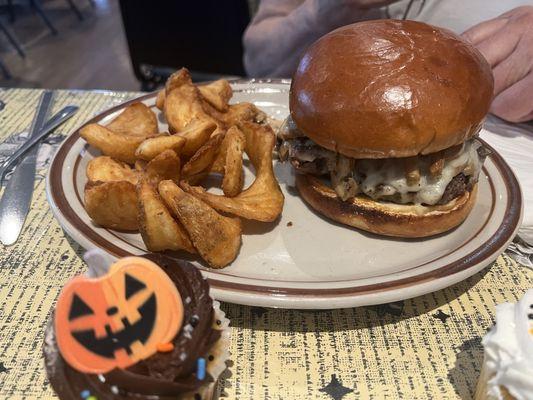 Mushroom burger and fries