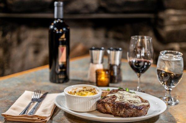 24 oz Bone In Ribeye with southwest potato casserole and broccoli