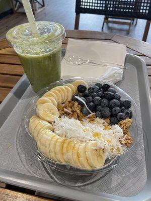 Coconut bowl and a Very Veggie smoothie