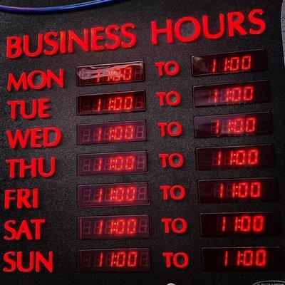 Hours Of Operation: 11AM-11PM Sunday-Monday